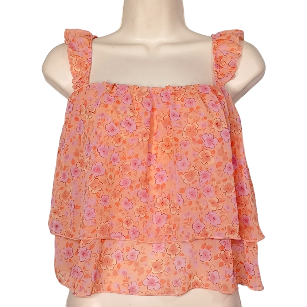 CES FEMME Orange Pink Floral Print Ruffle Boho Top Large